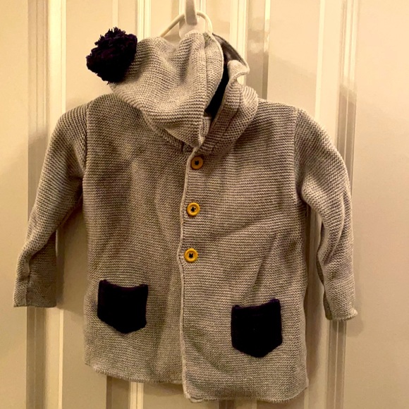 Korango Grey Knit Hooded Sweater w. Blue Pom Pom Hoodie 6-12M - Picture 1 of 2